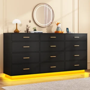 12 Drawer Dresser With LED Lights and Charging Station For Bedroom, Living Room, Entryway, and Hallway