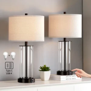 Quinita 23" Glass Table Lamp Set with Touch Control, LED Bulbs, USB Ports (Set of 2)
